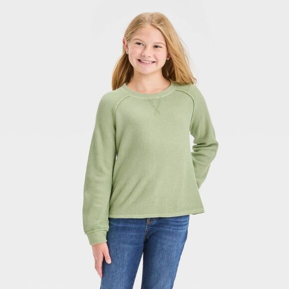 Cat & Jack Girls' Cozy Waffle Pullover Light Olive Green size 10-12 Large - Picture 1 of 3